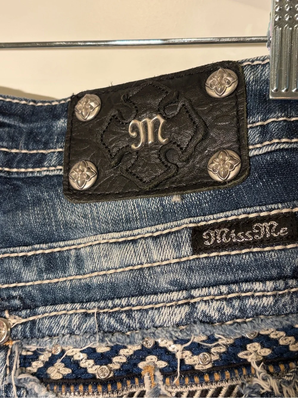 Miss Me Aztec Patch Distressed Denim Cutoff Shorts Size 27 Sequin Geometric